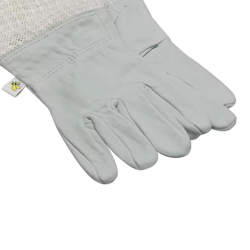 Leather beekeeping gloves with ventilated mesh sleeves